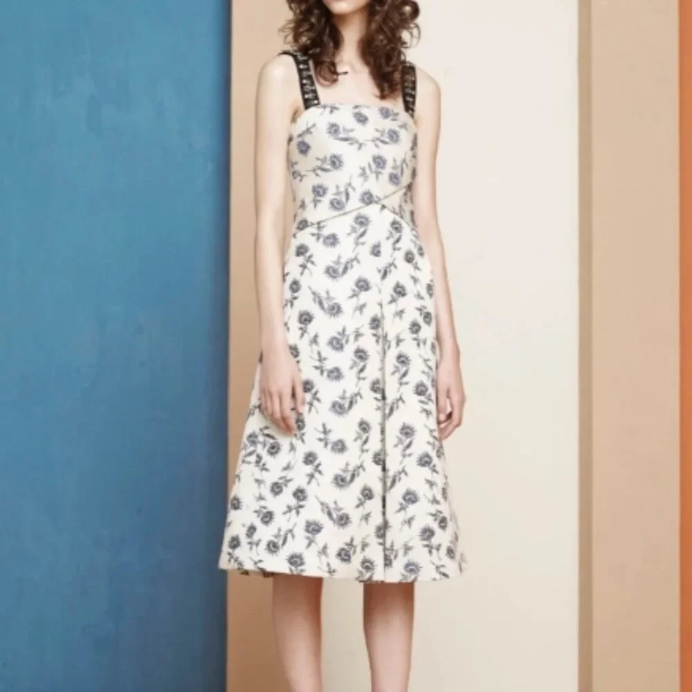 NWOT TORY BURCH Grey Blue Linen-blend Floral A-Line Midi Dress XS $495